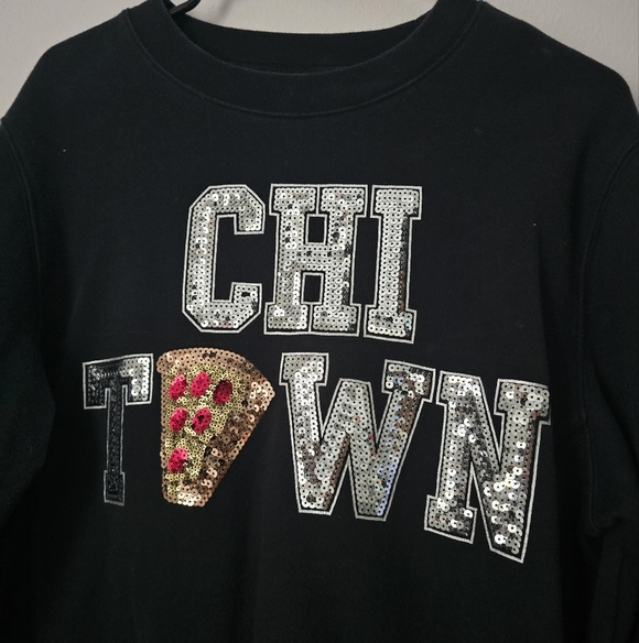 PINK Black Sequin Chi Town Chicago DeepDish Pizza Sweatshirt size S/P - Picture 3 of 13